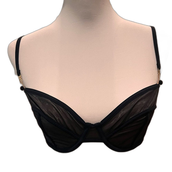 Victoria’s Secret Sheer Black & Tan Metalic Mesh Balconette Bra Gold Accents 36B - Picture 1 of 10